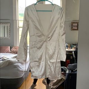 WHITE DEEP VCUT WITH THIGH SLIT SILKY DRESS